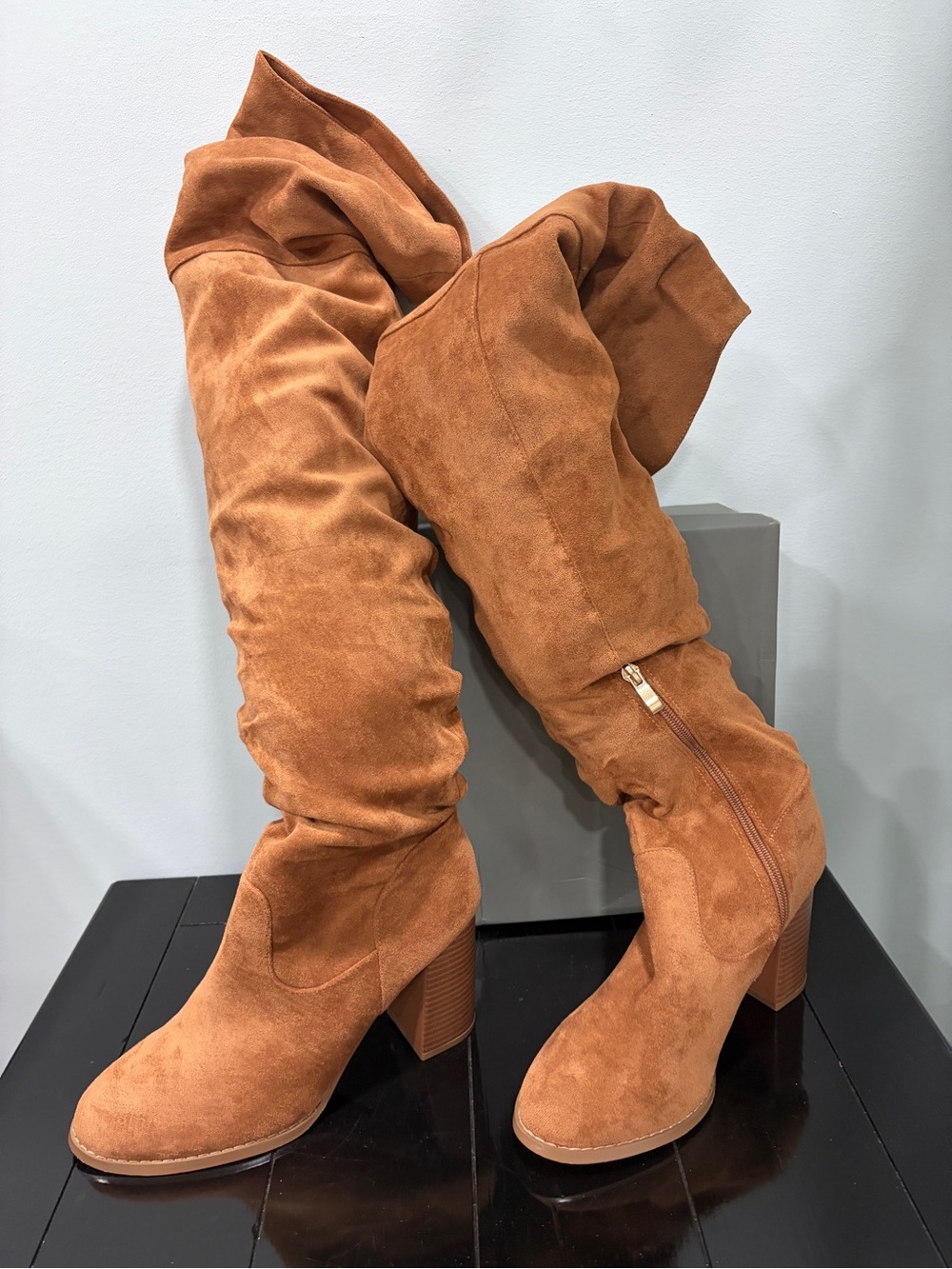 Suede Slouch Knee-High Boots in Tan
